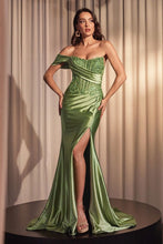 CD CD804 - Off The Shoulder Stretch Satin Fit & Flare Prom Gown with Lace Embellished Boned Bodice & Leg Slit PROM GOWN Cinderella Divine 4 Greenery