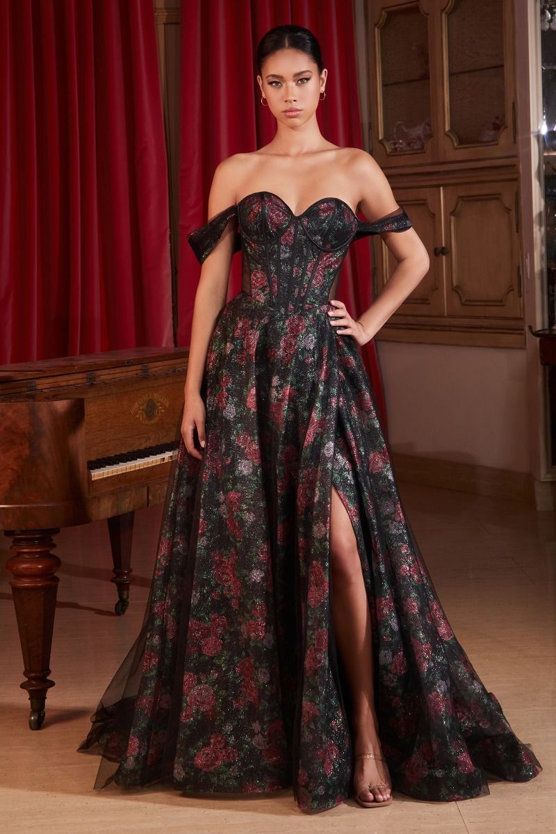 CD CD806 - Off the Shoulder Ball Gown with Sheer Underarms Boned Bodice & Floral Underlay Fabric PROM GOWN Cinderella Divine 2 BLACK 