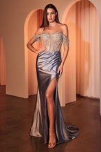 CD CD821 - Off the Shoulder Stretch Satin Fit & Flare Prom Gown with Sheer Bead Embellished Corset Bodice & Leg Slit PROM GOWN Cinderella Divine 2 DUSTY BLUE