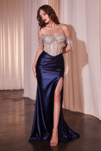 CD CD821 - Off the Shoulder Stretch Satin Fit & Flare Prom Gown with Sheer Bead Embellished Corset Bodice & Leg Slit PROM GOWN Cinderella Divine 2 NAVY