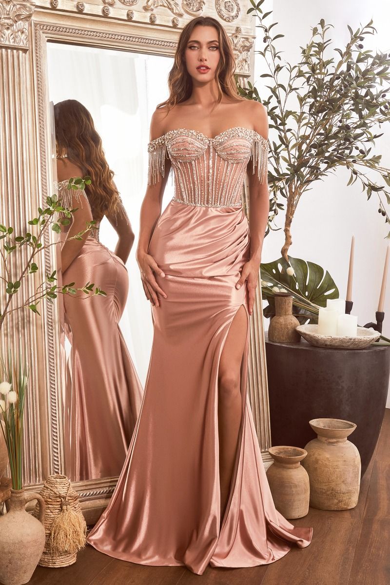 CD CD821 - Off the Shoulder Stretch Satin Fit & Flare Prom Gown with Sheer Bead Embellished Corset Bodice & Leg Slit PROM GOWN Cinderella Divine 2 ROSE GOLD 