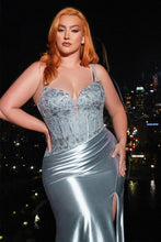 CD CD838C - Plus Size Stretch Satin Fit & Flare Prom Gown with Lace Detailed Corset Bodice Ruched Waist & Leg Slit PROM GOWN Cinderella Divine   