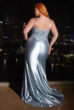CD CD838C - Plus Size Stretch Satin Fit & Flare Prom Gown with Lace Detailed Corset Bodice Ruched Waist & Leg Slit PROM GOWN Cinderella Divine   