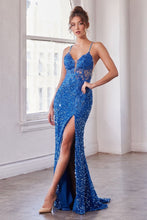 CD CD840 - Iridescent Sequin Fit & Flare Prom Gown with Sheer Beaded Lace Detailed Bodice & Leg Slit PROM GOWN Cinderella Divine 2 AZURE 