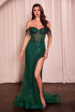 CD CD848 -Fringed Off the Shoulder Fully Embellished Fit & Flare Prom Gown with Sheer Bodice & Leg Slit PROM GOWN Cinderella Divine 2 Emerald