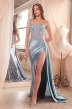 CD CD868- Stretch Satin Prom Gown with Sheer Beaded Lace Embellished Boned Corset Bodice Ruched Waist & Leg Slit PROM GOWN Cinderella Divine   