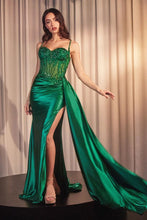 CD CD868- Stretch Satin Fit & Flare Prom Gown with Sheer Beaded Lace Embellished Corset Bodice Side Sash & Leg Slit PROM GOWN Cinderella Divine 2 EMERALD