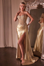 CD CD868- Stretch Satin Prom Gown with Sheer Beaded Lace Embellished Boned Corset Bodice Ruched Waist & Leg Slit PROM GOWN Cinderella Divine 2 GOLD 