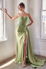 CD CD868- Stretch Satin Prom Gown with Sheer Beaded Lace Embellished Boned Corset Bodice Ruched Waist & Leg Slit PROM GOWN Cinderella Divine 2 GREENERY 