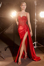 CD CD868- Stretch Satin Prom Gown with Sheer Beaded Lace Embellished Boned Corset Bodice Ruched Waist & Leg Slit PROM GOWN Cinderella Divine 2 RED 