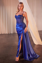 CD CD868- Stretch Satin Fit & Flare Prom Gown with Sheer Beaded Lace Embellished Corset Bodice Side Sash & Leg Slit PROM GOWN Cinderella Divine