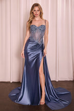 CD CD868- Stretch Satin Fit & Flare Prom Gown with Sheer Beaded Lace Embellished Corset Bodice Side Sash & Leg Slit PROM GOWN Cinderella Divine 2 SMOKY BLUE