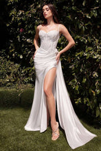 CD CD868W - Stretch Satin Fit & Flare Wedding Gown with Sheer Beaded Lace Embellished Corset Bodice Side Sash & Leg Slit Wedding Gown Cinderella Divine 2 OFF WHITE