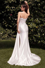 CD CD868W - Stretch Satin Fit & Flare Wedding Gown with Sheer Beaded Lace Embellished Corset Bodice Side Sash & Leg Slit Wedding Gown Cinderella Divine