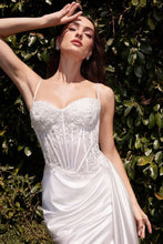 CD CD868W - Stretch Satin Fit & Flare Wedding Gown with Sheer Beaded Lace Embellished Corset Bodice Side Sash & Leg Slit Wedding Gown Cinderella Divine