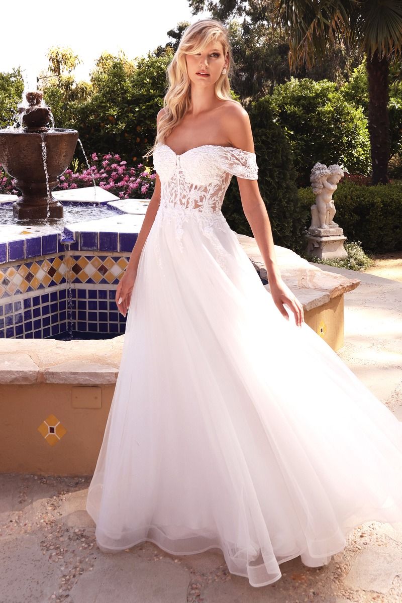 CD CD961W - Off The Shoulder A-Line Wedding Gown with Sheer Lace Embel –  Diggz Formals