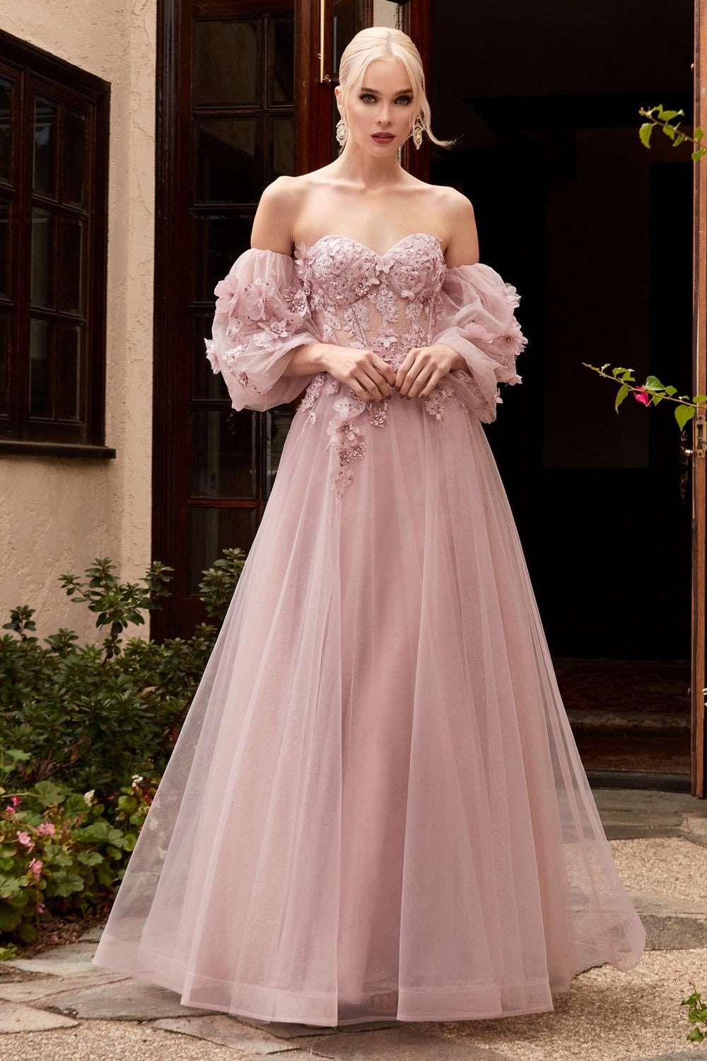 CD CD962 - Strapless A-Line Prom Gown with Sheer 3D Floral