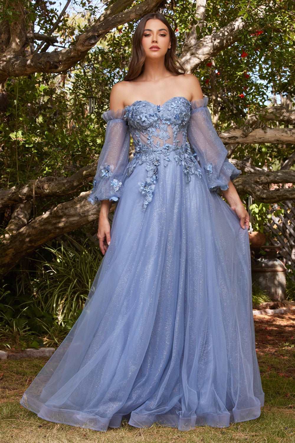 CD CD962 - Strapless A-Line Prom Gown with Sheer 3D Floral Boned Bodice Removeable Puff Sleeves & Layered Luminescent Tulle Skirt Prom Dress Cinderella Divine 2 SMOKY BLUE 