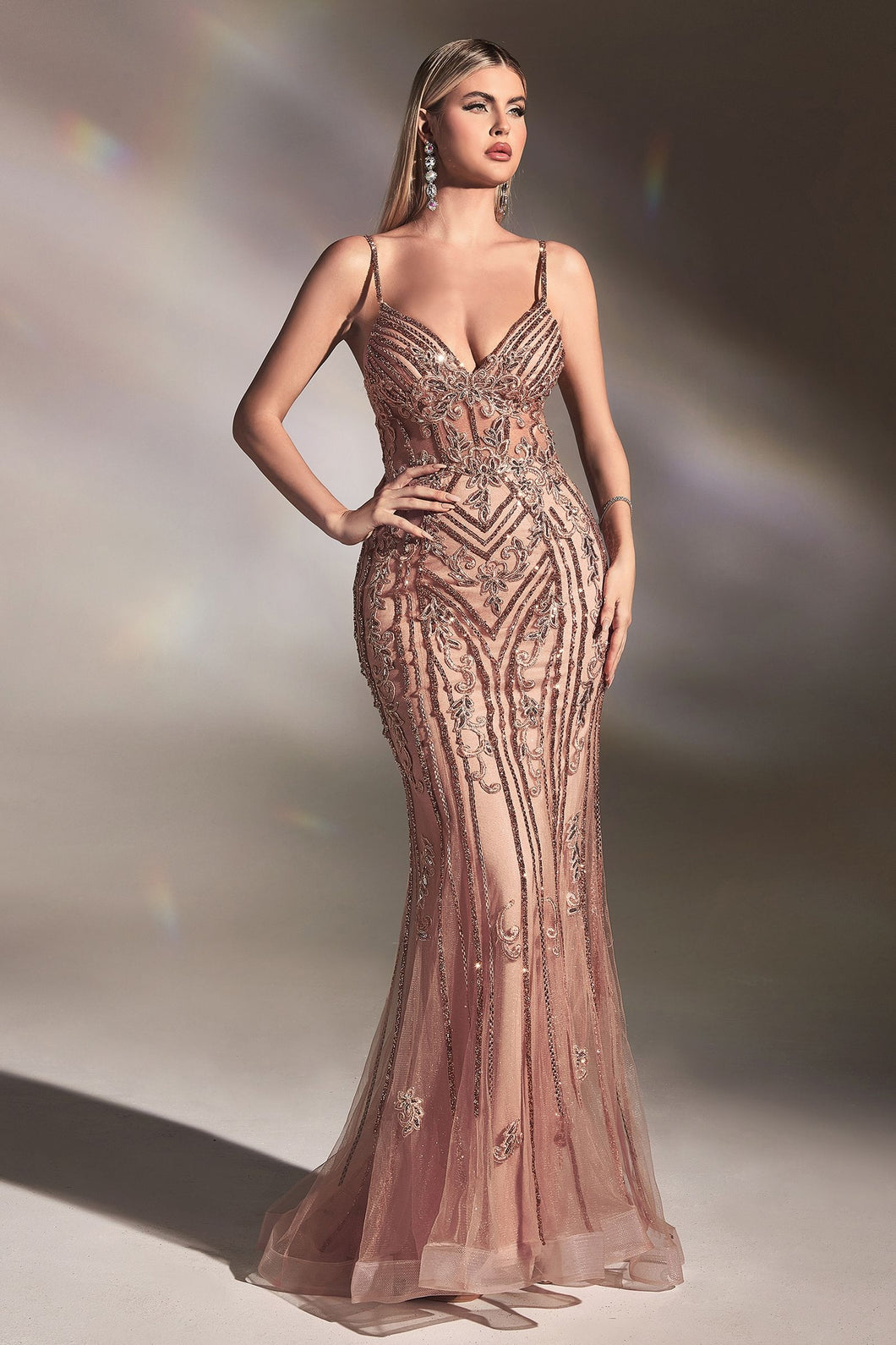 CD CD992 - In-Line Beaded Lace Embellished Fit & Flare Prom Gown with Sheer Boned Bodice PROM GOWN Cinderella Divine 2 ROSE GOLD 