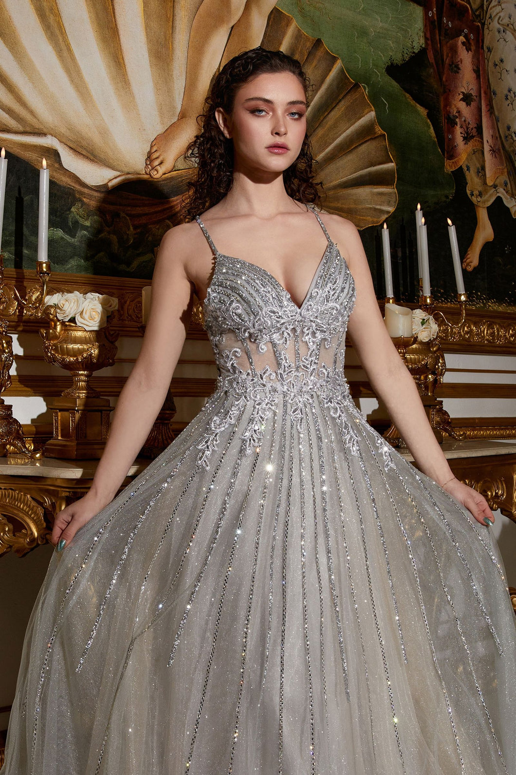 CD CD208 - Glittery Gold to Silver Ombre Ball Gown with Sheer Lace & R –  Diggz Formals