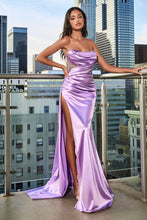 CD CDS411 - Strapless Stretch Satin Fit & Flare Prom Gown with Sheer Corset Bodice Cowl Neck & Leg Slit PROM GOWN Cinderella Divine 6 LAVENDER 