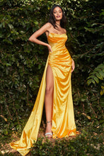 CD CDS411 - Strapless Stretch Satin Fit & Flare Prom Gown with Sheer Corset Bodice Cowl Neck & Leg Slit PROM GOWN Cinderella Divine 2 YELLOW 