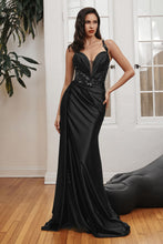 CD CDS417 - Stretch Satin Fit & Flare Prom Gown with Sheer Beaded Bodice Leg Slit & Side Sash PROM GOWN Cinderella Divine 2 BLACK 