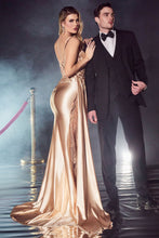 CD CDS417 - Stretch Satin Fit & Flare Prom Gown with Sheer Beaded Bodice Leg Slit & Side Sash PROM GOWN Cinderella Divine 2 CHAMPAGNE 