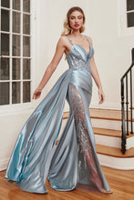 CD CDS417 - Stretch Satin Fit & Flare Prom Gown with Sheer Beaded Bodice Leg Slit & Side Sash PROM GOWN Cinderella Divine 2 DUSTY BLUE 