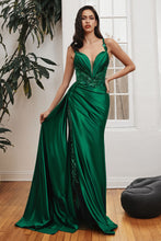 CD CDS417 - Stretch Satin Fit & Flare Prom Gown with Sheer Beaded Bodice Leg Slit & Side Sash PROM GOWN Cinderella Divine 2 EMERALD 