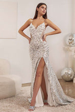 CD CDS421 - Sequin Print Fit & Flare Prom Gown with Sheer Bead Detailed Sides & Corset Back PROM GOWN Cinderella Divine 6 SILVER 