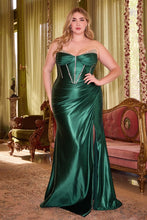CD CDS423C - Plus Size Strapless Satin Fit & Flare Prom Gown with Rhinestone Embellished Boned Corset Bodice Gathered Waist & Leg Slit PROM GOWN Cinderella Divine 16 DEEP EMERALD 