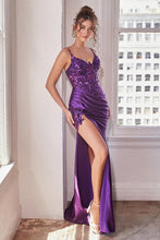 CD CDS439 - Shimmering Stretch Satin Fit & Flare Prom Gown with Sheer Bead & Lace Boned Corset Bodice & Leg Slit PROM GOWN Cinderella Divine 2 AMETHYST 