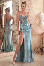 CD CDS439 - Shimmering Stretch Satin Fit & Flare Prom Gown with Sheer Bead & Lace Boned Corset Bodice & Leg Slit PROM GOWN Cinderella Divine 2 DUSTY BLUE 
