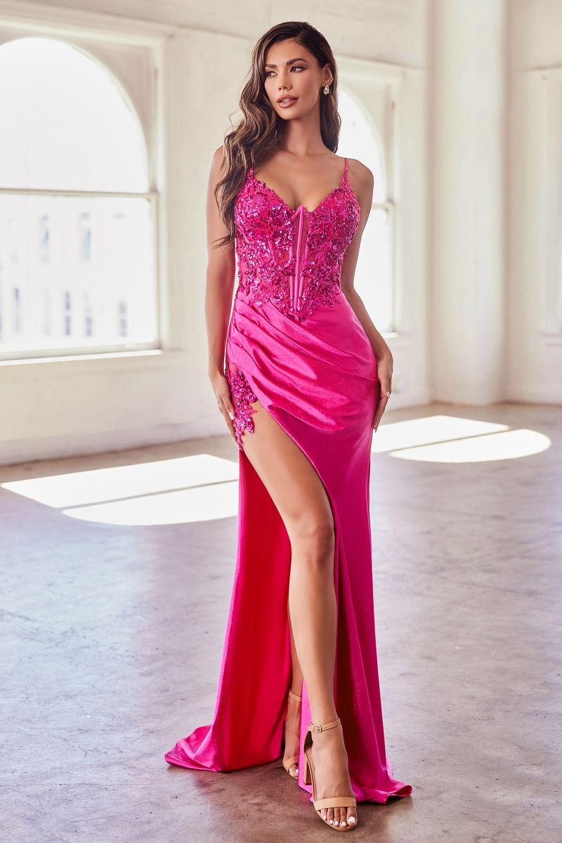 CD CDS439 - Shimmering Stretch Satin Fit & Flare Prom Gown