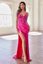 CD CDS439 - Shimmering Stretch Satin Fit & Flare Prom Gown with Sheer Bead & Lace Boned Corset Bodice & Leg Slit PROM GOWN Cinderella Divine 2 FUCHSIA 