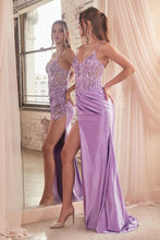 CD CDS439 - Shimmering Stretch Satin Fit & Flare Prom Gown with Sheer Bead & Lace Boned Corset Bodice & Leg Slit PROM GOWN Cinderella Divine   