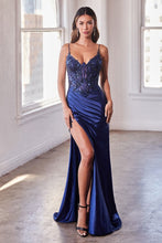CD CDS439 - Shimmering Stretch Satin Fit & Flare Prom Gown with Sheer Bead & Lace Boned Corset Bodice & Leg Slit PROM GOWN Cinderella Divine 2 NAVY 
