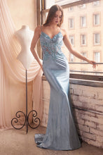 CD CDS450 - Shimmery Stretch Satin Fit & Flare Prom Gown with Sequin Accented Sheer Boned Bodice PROM GOWN Cinderella Divine 2 BLUE 