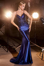 CD CDS450 - Shimmery Stretch Satin Fit & Flare Prom Gown with Sequin Accented Sheer Boned Bodice PROM GOWN Cinderella Divine 2 NAVY 