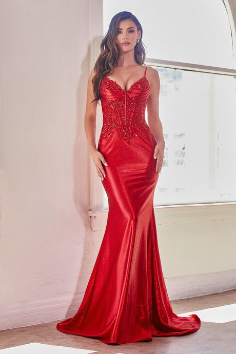 CD CDS450 - Shimmery Stretch Satin Fit & Flare Prom Gown with Sequin Accented Sheer Boned Bodice PROM GOWN Cinderella Divine 4 RED 