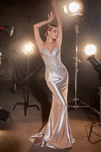 CD CDS450 - Shimmery Stretch Satin Fit & Flare Prom Gown with Sequin Accented Sheer Boned Bodice PROM GOWN Cinderella Divine   