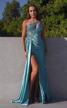 CD CDS454 - One Shoulder Beaded Lace Embellished Fit & Flare Prom Gown with Side Sash & Leg Slit PROM GOWN Cinderella Divine 2 Robin Blue