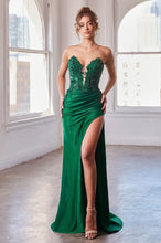 CD CDS465 - Strapless Shimmer Stretch Fit & Flare Prom Gown with Sheer Beaded Lace Embellished Corset Bodice & Leg Slit PROM GOWN Cinderella Divine 2 EMERALD 