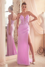 CD CDS465 - Strapless Shimmer Stretch Fit & Flare Prom Gown with Sheer Beaded Lace Embellished Corset Bodice & Leg Slit PROM GOWN Cinderella Divine 2 LAVENDER 