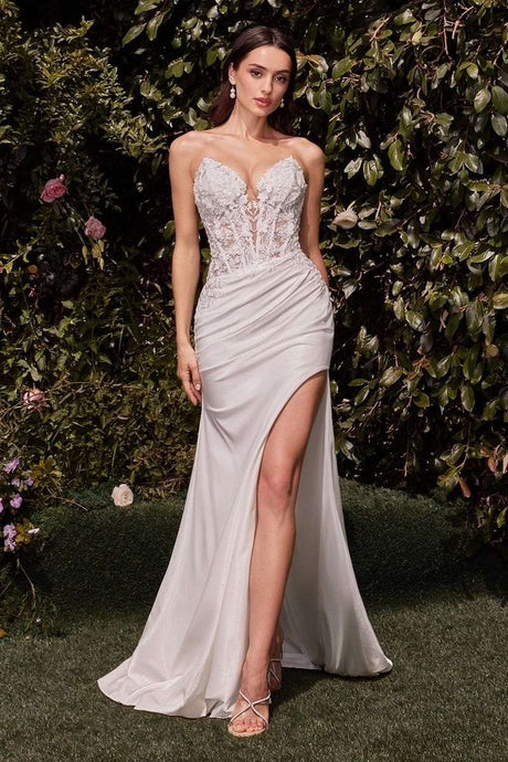 CD CDS465W - Strapless Stretch Satin Fit & Flare Wedding Gown with Sheer Beaded Lace Embellished Corset Bodice & Leg Slit PROM GOWN Cinderella Divine 2 WHITE