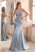 CDS470 - Lace Over Glittery Stretch Satin Mermaid Prom Gown Sheer Corset Bodice & Lace Adorned Cut-Out Side Panels PROM GOWN Cinderella Divine 2 DUSTY BLUE 