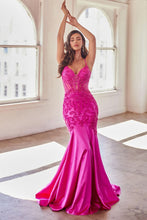 CDS470 - Lace Over Glittery Stretch Satin Mermaid Prom Gown Sheer Corset Bodice & Lace Adorned Cut-Out Side Panels PROM GOWN Cinderella Divine 2 FUCHSIA 