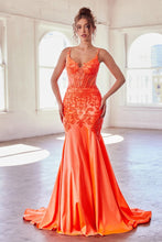 CDS470 - Lace Over Glittery Stretch Satin Mermaid Prom Gown Sheer Corset Bodice & Lace Adorned Cut-Out Side Panels PROM GOWN Cinderella Divine 6 NEON ORANGE 