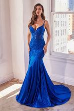 CDS470 - Lace Over Glittery Stretch Satin Mermaid Prom Gown Sheer Corset Bodice & Lace Adorned Cut-Out Side Panels PROM GOWN Cinderella Divine 2 ROYAL BLUE 